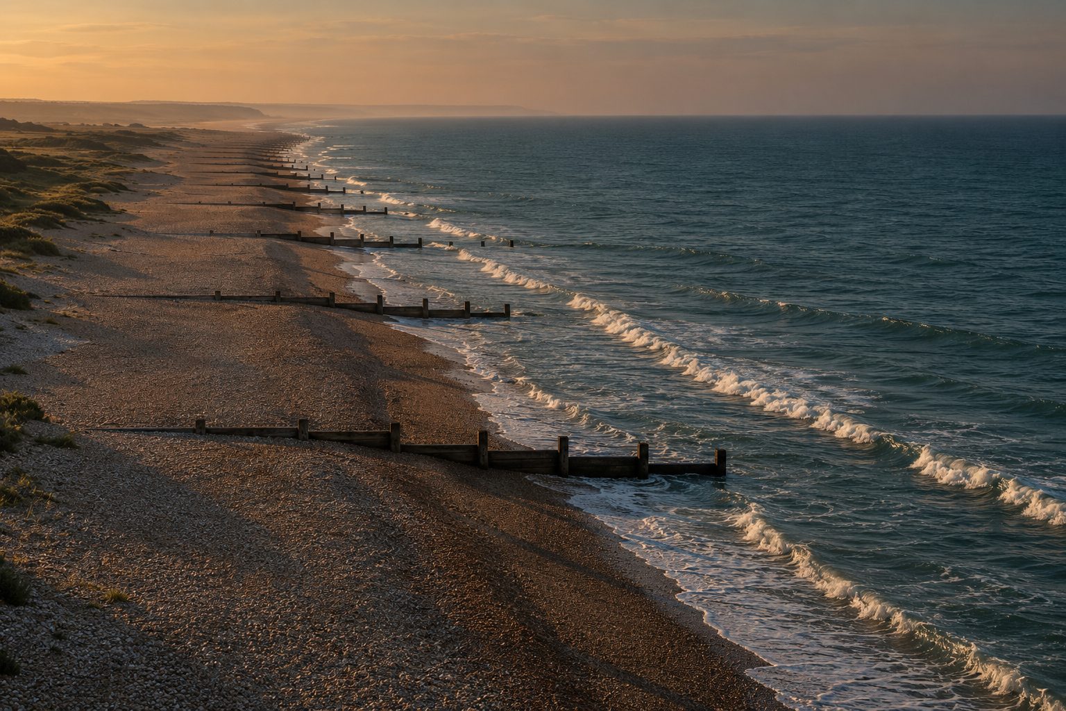 A long shingle beach with timber groynes in evening light