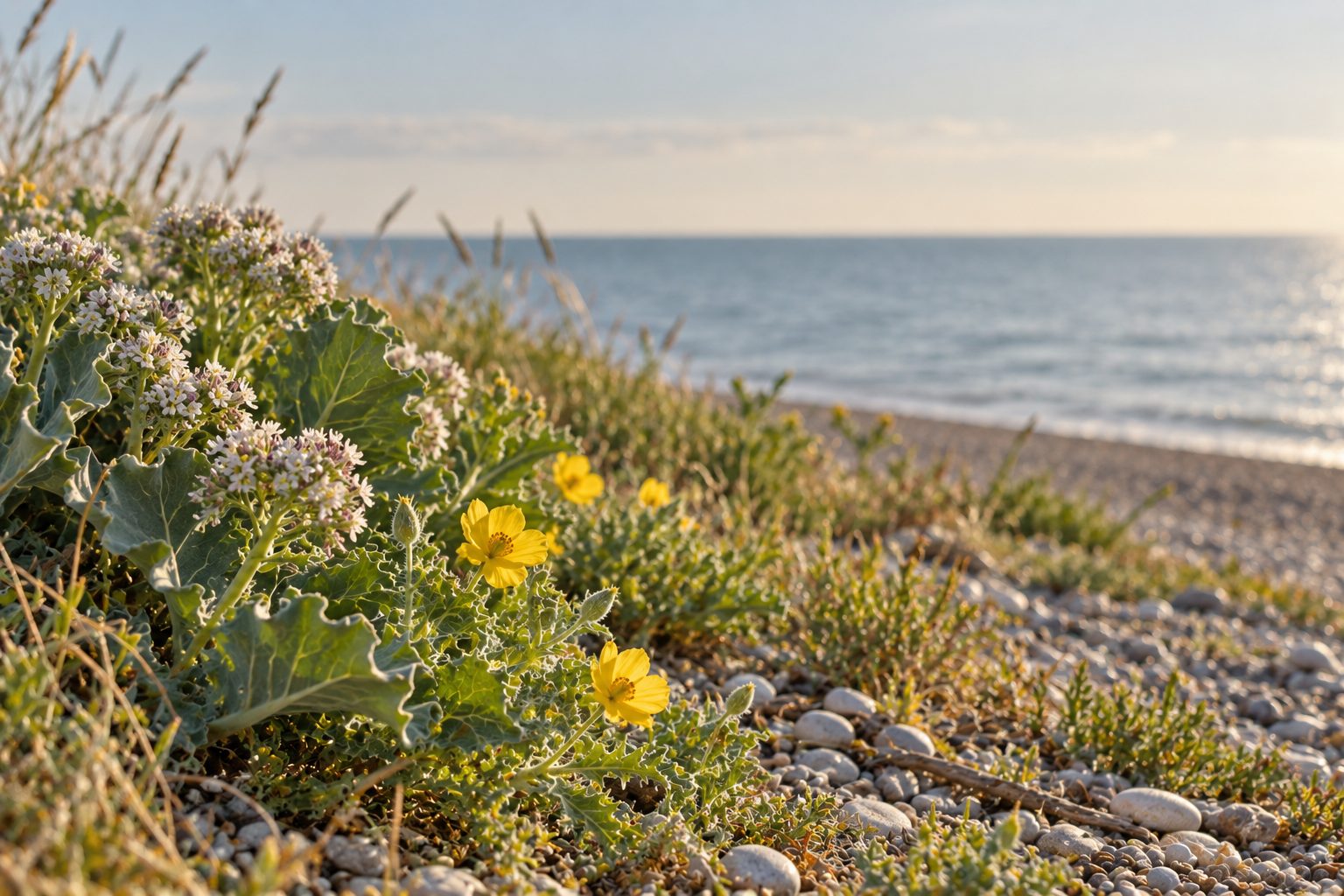 Sea kale and yellow horned poppies growing on a shingle beach