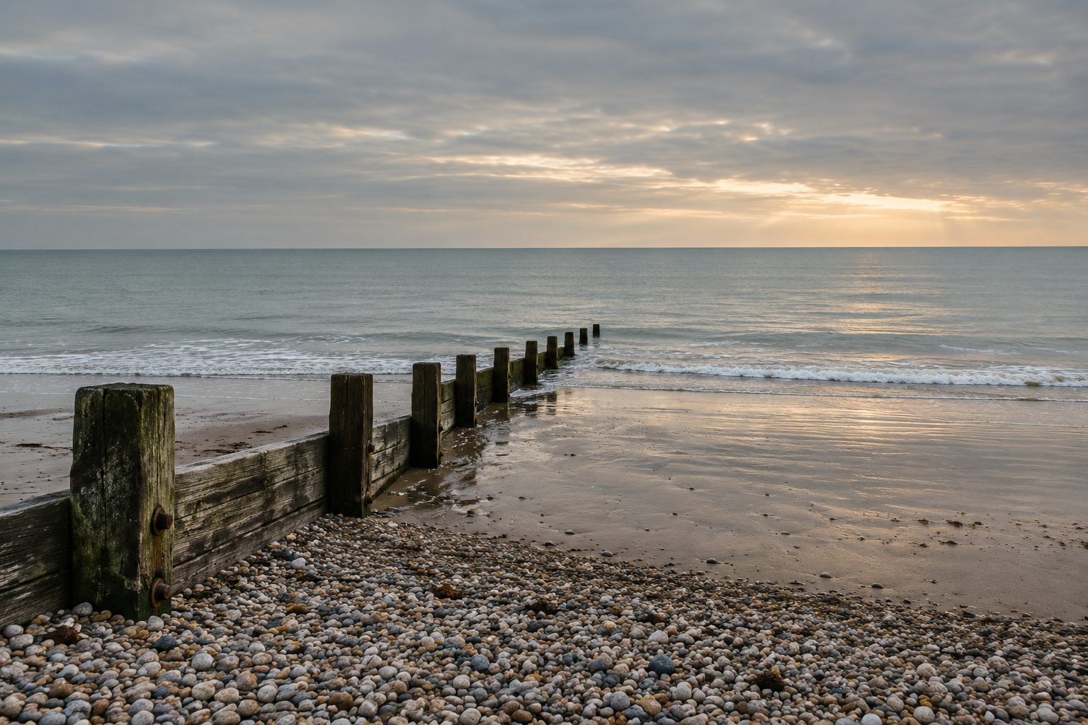 Timber groynes running down a shingle beach into a calm sea